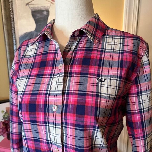 EEUC Vineyard Vines Pink Navy Blue Plaid Relaxed Fit Button Front Shirt Size 0 - Picture 2 of 2
